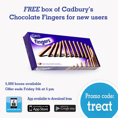 ShopScanSave's tweet image. FREE box of Chocolate Fingers for new app users! Just enter promo code 'Treat' Enjoy! #Freebie #DailyDeals #Discount