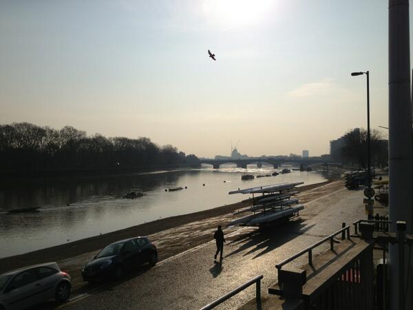 theboatrace's tweet photo. Beautiful morning here in Putney...fingers crossed it stays like this until Sunday! #stillabitcoldthough http://t.co/tC60Ndl0lt