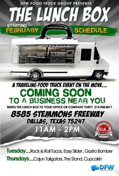 Come join us today at the "Lunch Box" at 8585 Stemmons Frwy from 11-2pm. Kevin makes the best lunches in town!!