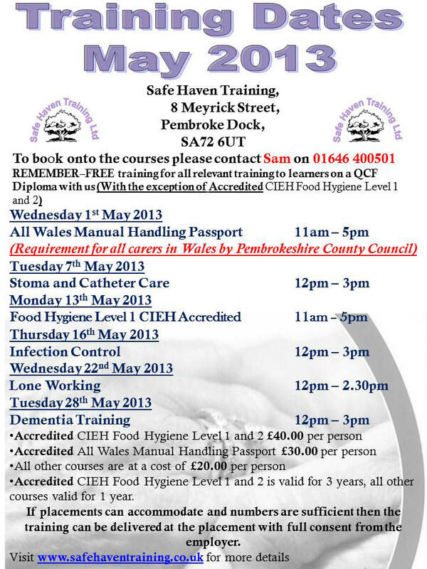 SafeHavenTrain's tweet image. May's All Wales Manual Handling Passport is Fully booked..Rest of the training for May is attached