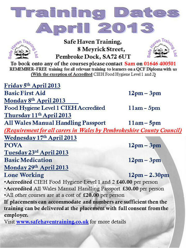 SafeHavenTrain's tweet image. April's All Wales Manual Handling Passport is Fully booked..Rest of the training for April is attached