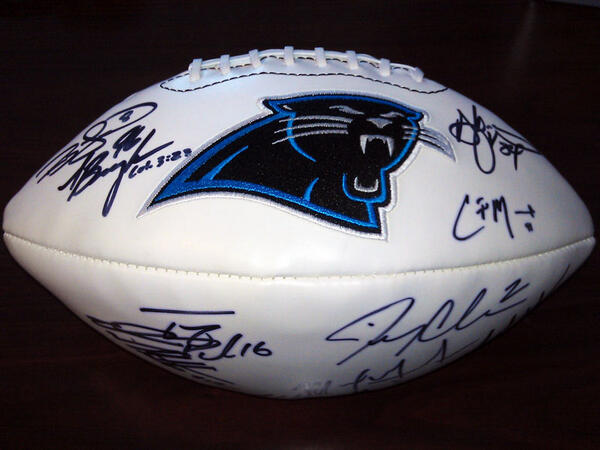 Panthers's tweet photo. Followers who RT are eligible to win an autographed vintage football! Winner chosen @ 4pm #ThrowbackThursdayGiveaway http://t.co/np7l72rVCA