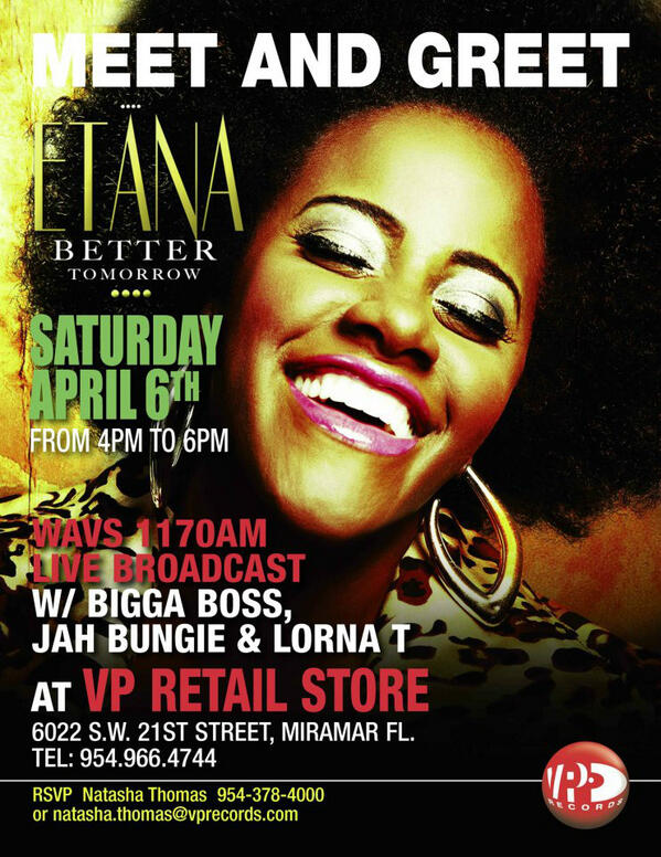 VPRECORDSFL's tweet photo. Looking forward to TOMORROW's Meet &amp; Greet w/ @EtanaStrongOne! 4-6 PM. Address: 6022 SW 21st St. Miramar, FL http://t.co/ag07WvnENM @VPTash