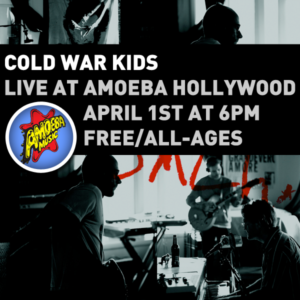 amoebamusic's tweet photo. Mon 4/1 at Amoeba Hollywood @ColdWarKids perform at 6pm! Free/all-ages show. #DMLH out 4/2. http://t.co/ae5toEj1Qx http://t.co/MdJQJgjLiT