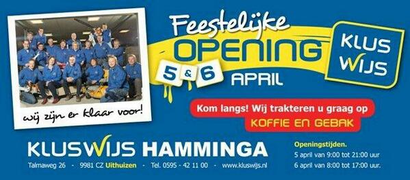 Precies een jaar na de brand, gaan vrijdag 5 april de deuren van #kluswijs #hamminga #uithuizen weer open. Please RT.