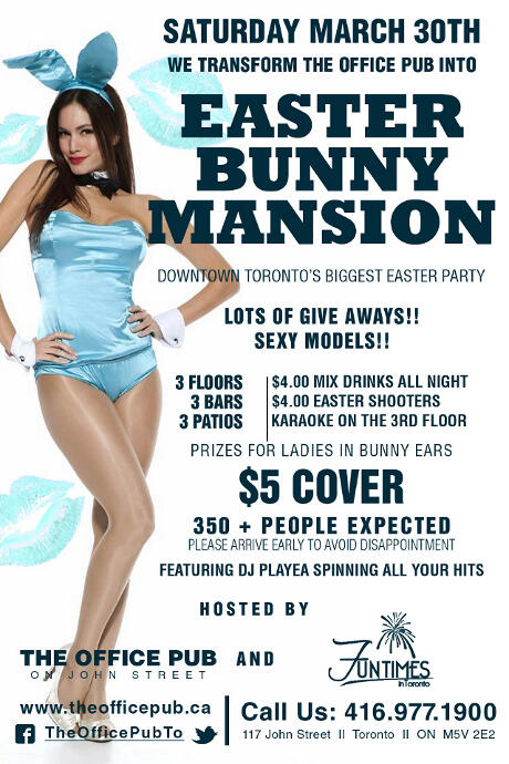 FunTimesToronto's tweet image. Tonight, we're partying @TheOfficePubTO  with Easter Bunny models @paddyjane @OutlawsRock RSVP bit.ly/Y7325T