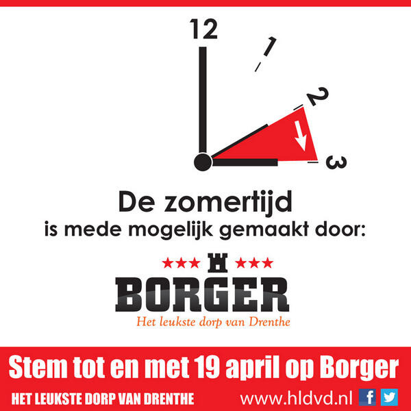 De zomertijd is mede mogelijke gemaakt door #Borger, het leukste dorp van Drenthe. Stem t/m 19-4 op Borger #HLDVD.nl