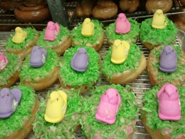 FrostysDonuts's tweet photo. Happy Easter everyone. We are open today. Rick &amp; Sophie on duty and lovely Easter donuts for our peeps! http://t.co/C6RbeGmb2n