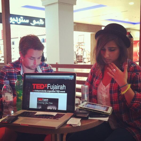Sindiyay's tweet photo. #repost @Reema_AW and @tobi_d with matching shirts doing some #TEDxFujairah stuff! #Fujairah #UAE #Dubai #coffee http://t.co/j1mNv6BeXg