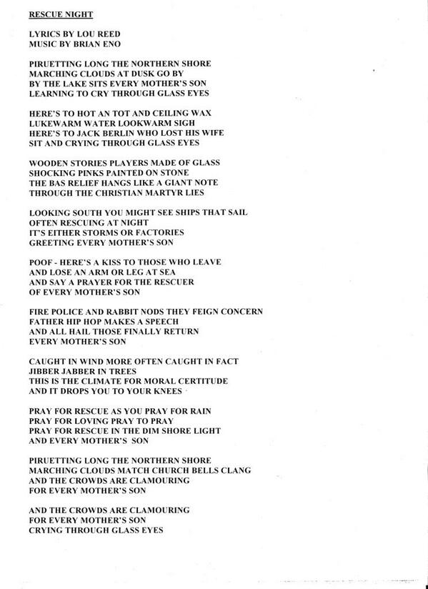 Brian Eno On Twitter Rescue Night Lyrics By Lou Reed Music By