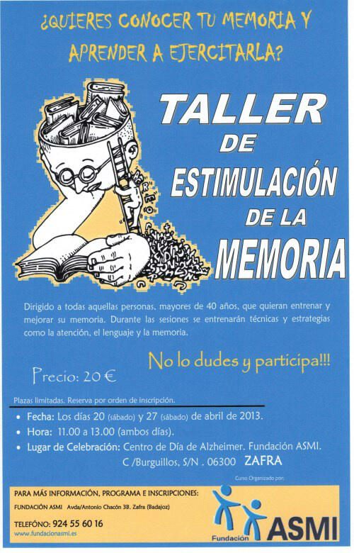 ¿Quieres  aprender a ejercitar tu memoria? Apúntate al Taller de Estimulación de la Memoria, los días 20 y 27de abril