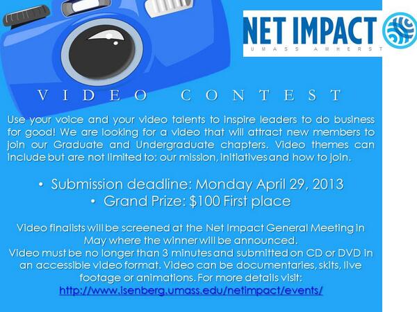 NetImpactUMass's tweet image. Video Contest: Win cash money for making a short video about our club!