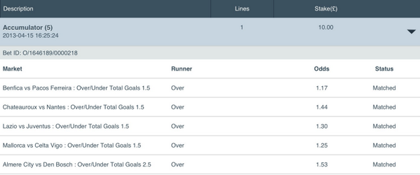 OverUnderAcca's tweet photo. Tonight's accumulator pays £42 for a 10 pound stake on Betfair. http://t.co/wucwnVQYpq