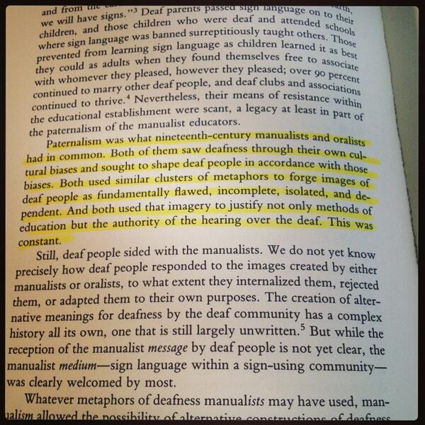 FacundoElement's tweet image. #ehdi2013 Baynton&apos;s Forbidden Signs p. 150. Still true today. #internalized oppression. #audism