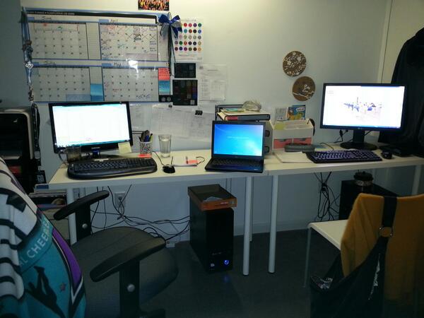 HeatherHird's tweet image. How many people work here do you ask? Oh right, it's just me.... #workfromhome #3computers #cheerlife #nodowntime ♥
