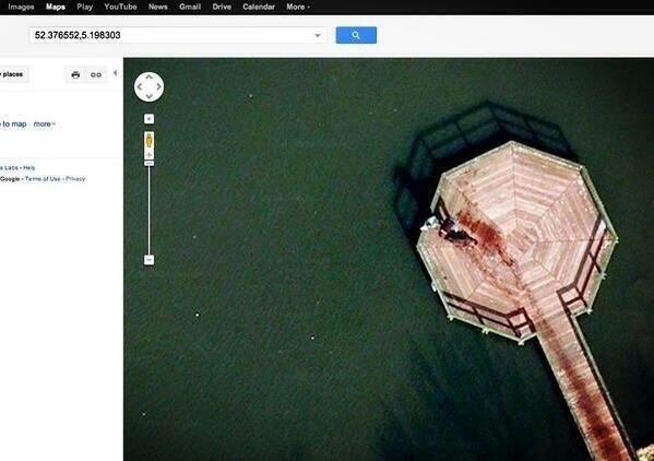 AntiJokeTyrone's tweet photo. Go on Google Maps. Type in: 52.376552,5.198303 and you'll see a man dragging a body into a lake http://t.co/He7B5CRkK7