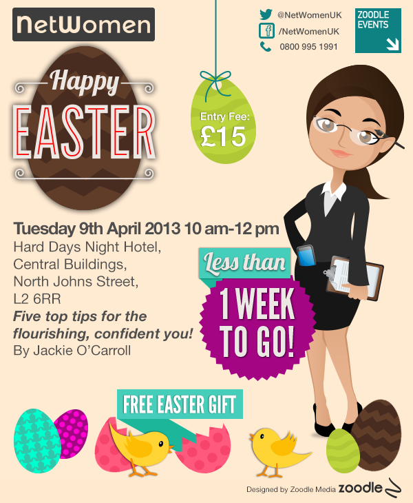 ZoodleLaura's tweet photo. Less than 1 week to go ladies!Quality connections,fun Easter games,motivational speaker and free gifts!Get booking... http://t.co/fzfv2f3QWJ