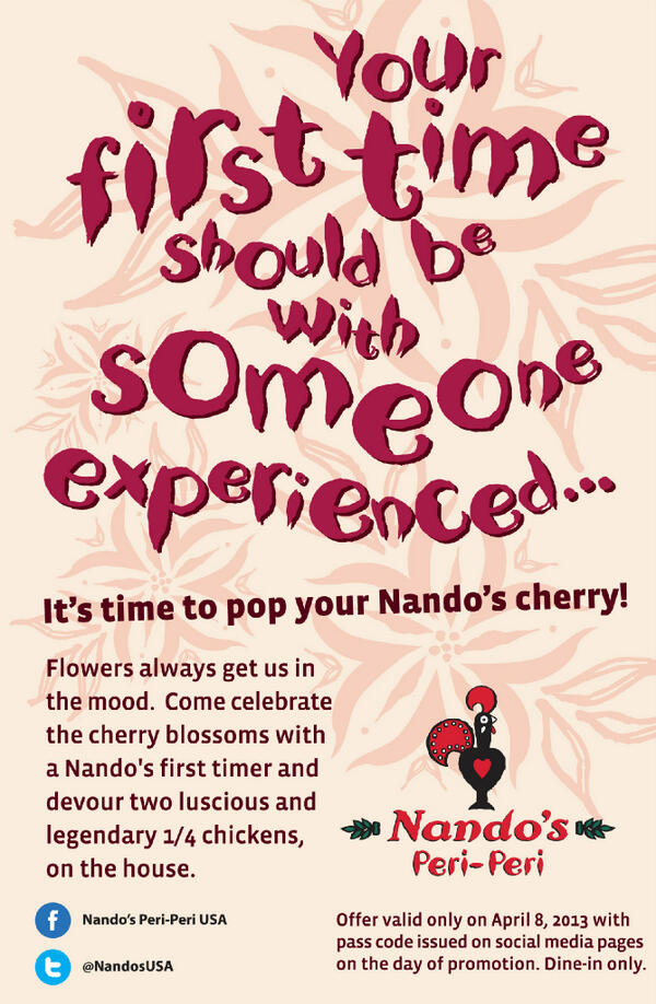 NandosUSA's tweet image. Know a Nando's Virgin? Make use of their #inexPERIence and get #FREEchicken! See FB 4 details on.fb.me/FRefzQ