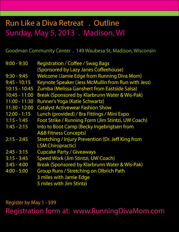 RunningDivaMom's tweet image. Run Like a Diva Retreat Outline announced!  May 5 #MadisonWI  #Running  #RunLikeDivaRetreat  tinyurl.com/bb475hk