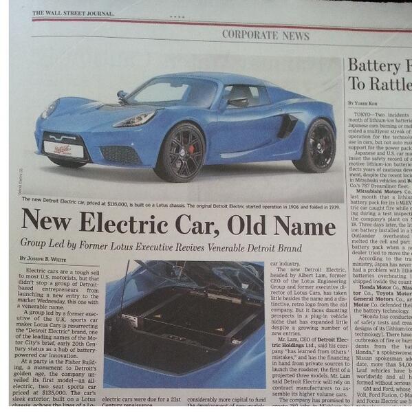 Ex-Lotus UK execs resurrect the Detroit Electric brand to make an all-electric $135,000 sportscar on a Lotus chassis.