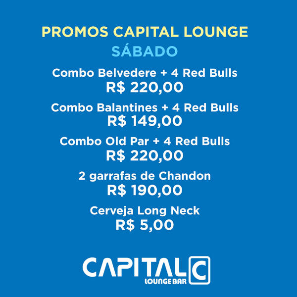 Capital_Lounge's tweet photo. Esse sábado o Capital Lounge tem supers promoções para você! Dá uma olhada http://t.co/aqcGeJPrIQ