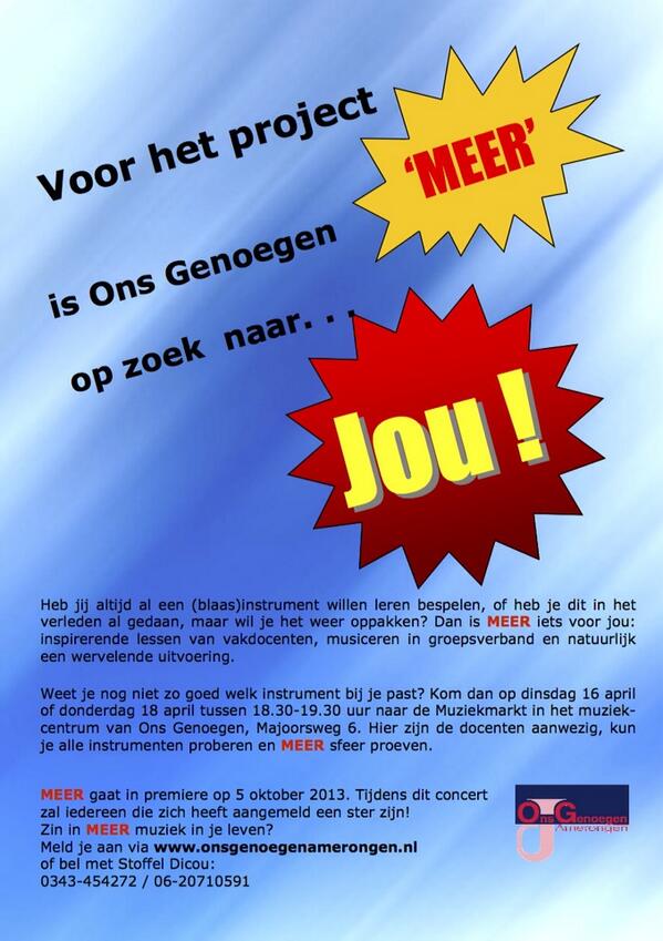 egonsmit's tweet photo. "MEER" zin in muziek?Kom kijken op 16 of 18 april bij fanfare Ons Genoegen Info: onsgenoegenamerongen.nl@OG_Amerongen http://t.co/GSDhBUrOnZ