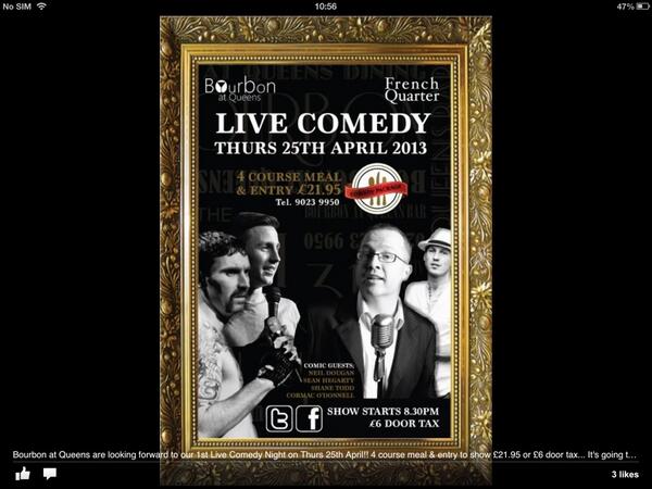 bourbonatqueens's tweet photo. Bourbons first live comedy event 25th of April   Comedy dinner package 4 course meal and entry £21.95pp http://t.co/UxHmVpmg0j
