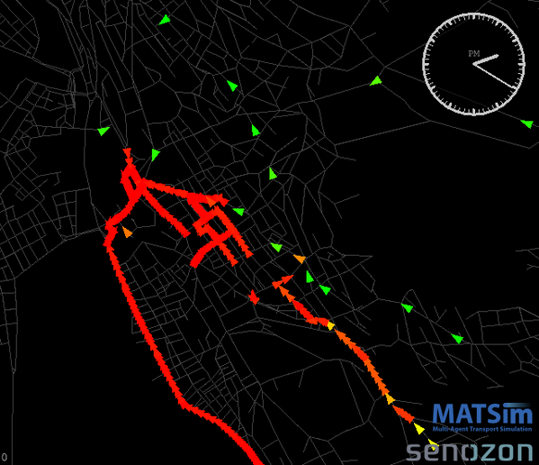 oobr's tweet image. Final MATSimCity tweet: the sims learn! (well, some of them...) Here they are driving to single pt #matsim #simcity