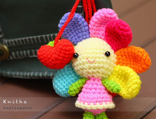 KnithaCraft's tweet image. Crochet Flower Doll with 2 Red Hearts / Bag Hanger / Colourful /knitha.etsy.com #Crochet #Doll #BagHanger