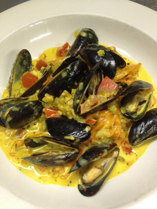 scorpyonne's tweet photo. fresh mussels, red chile linguine with saffron cream sauce " to die for" http://t.co/pH02puKnNS