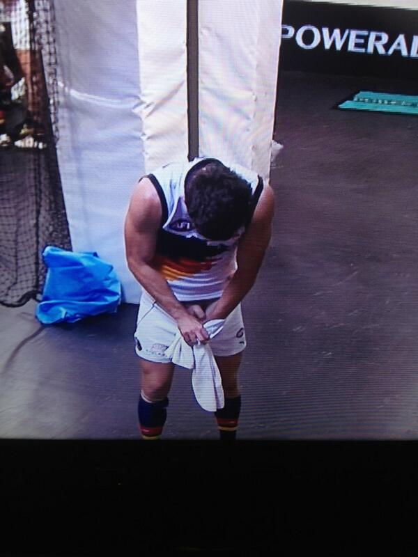 j0sharp's tweet photo. Poor Adelaide Crows player having his sword broadcasted to the nation! #AFLLionsCrows #afl #foxfooty @FOXFOOTY http://t.co/gREYxE48h4