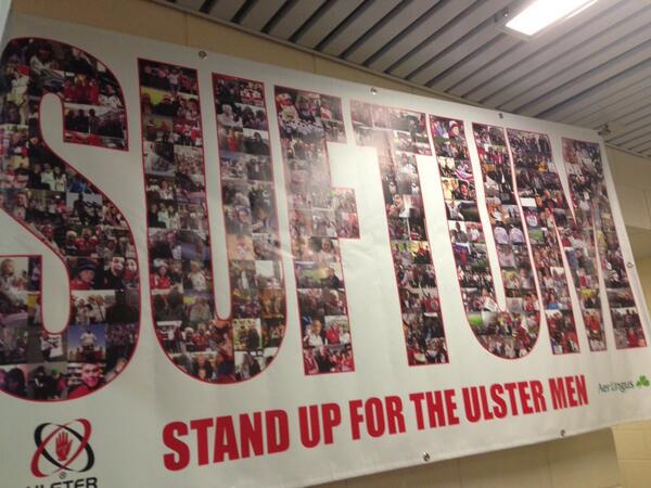UlsterRugby's tweet photo. Here is the huge #suftum banner in the Ulster changing room made up of hundreds of fan photos! #maketwickenhamhome http://t.co/NdUSVEiUrJ