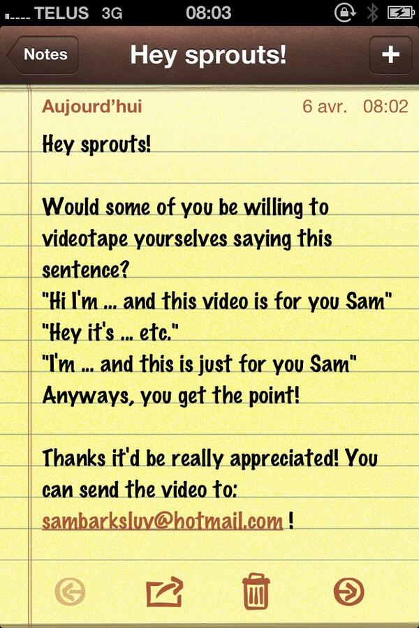 CanadaLuvsSamB's tweet image. Hey sprouts! I need your help! #SamProject update! Thanks! RT please :) x