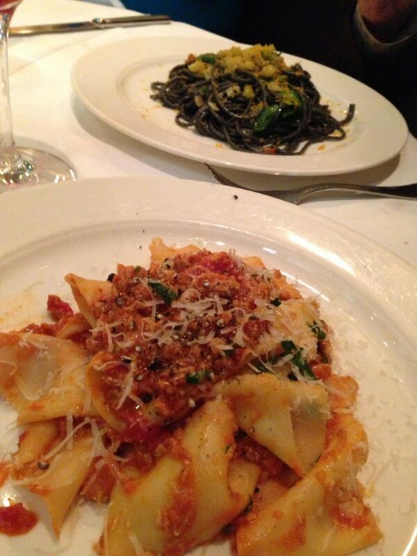NPHFoodPorn's tweet photo. Lunch at Babbo in NYC. Pappardelle bolognese and black spaghetti with jalapeño, bortega. Yum. http://t.co/yzngyDWrNb