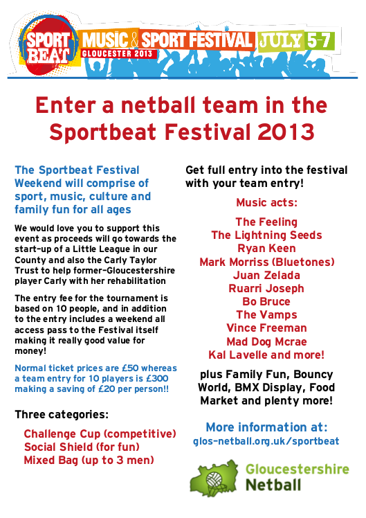 Enter a netball team in <a href="/SportbeatFest/">SportBeatFest</a> (in assoc with <a href="/GlosNetball/">Gloucestershire Netball</a>) 6-7 Jul Gloucester <a href="/WorcsCountyNetb/">Worcs County Netball</a> <a href="/WiltsNetball/">WCNA</a>