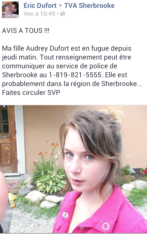 Gitane09's tweet photo. Important: Jeune fille en fugue. Région de Sherbrooke. Partagez http://t.co/jJ7M4IMMHC