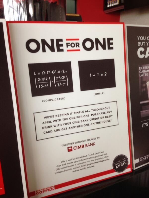 ziadrazak's tweet photo. One for One promotion at @sfcoffee. Save yourself from bad coffee! :D http://t.co/Bm69j4r9RI