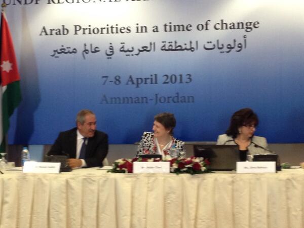 HelenClarkNZ's tweet photo. With #Jordan Min of Foreign Affairs Naser #Joudeh & @SimaBahousUNDP at opening of @undp_ar meeting in #Amman. http://t.co/NaQBQg1QzF @undp