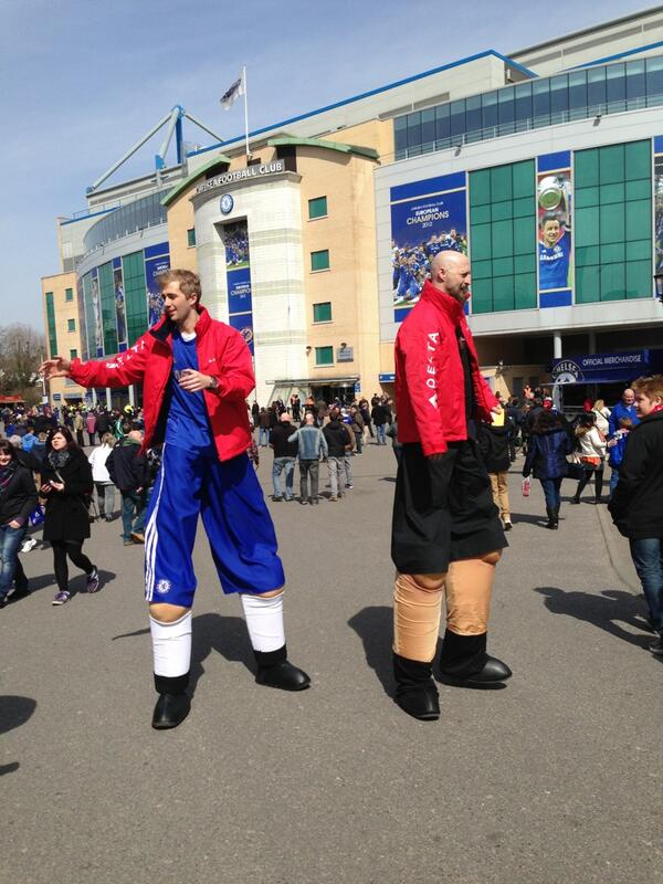ChelseaFC's tweet photo. Plenty of pre-match activity at a sunny Stamford Bridge today. Here's a pic of the @Delta stilt walkers.. #CFCDelta http://t.co/zp7cGSuGAL