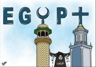 SaraAssaf's tweet photo. Caricature depicting current tension between Christians &amp; Muslims in Egypt today..

#CathedralAttack http://t.co/KAWyp1QluV
