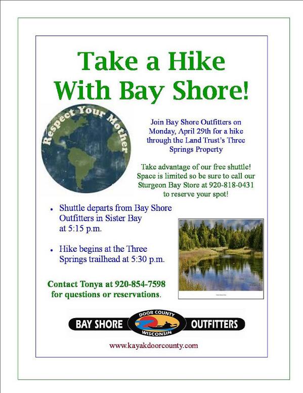 BayShoreOutdoor's tweet photo. Don't miss our Three Springs Hike April 29th! Call us at 920-854-7598 with ?s or to sign up for the free shuttle! http://t.co/2f5rAWjrX2