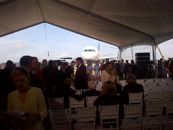 jeffmartinops's tweet photo. Pre kickoff at the mobile airbus assembly plant opening.  Great jetblue support with blue yonder in the background. http://t.co/FhmUlDpybJ