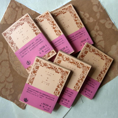 ブックスボックス 田原洋朗 写真 岩波文庫版のモンテーニュ エセー 全六巻 原二郎訳 のハードカバー本化開始 装丁布はアンティークの更紗 見返しの紙は山根紙 背景白地がそれ 巻数の数字を箔押しか空押ししたい がまだよい方策が