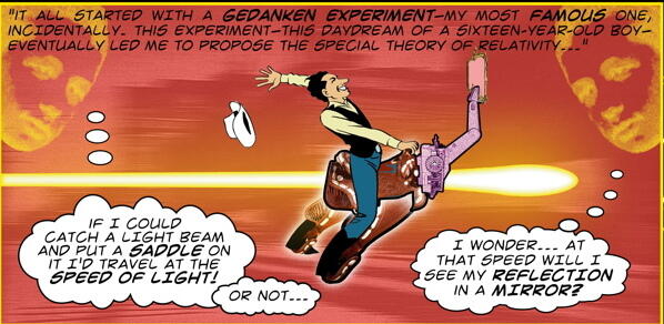 ProfTompkins's tweet image. Einstein brain teaser: if Mr. Tompkins was traveling at the speed of light, will he see his reflection in the mirror?