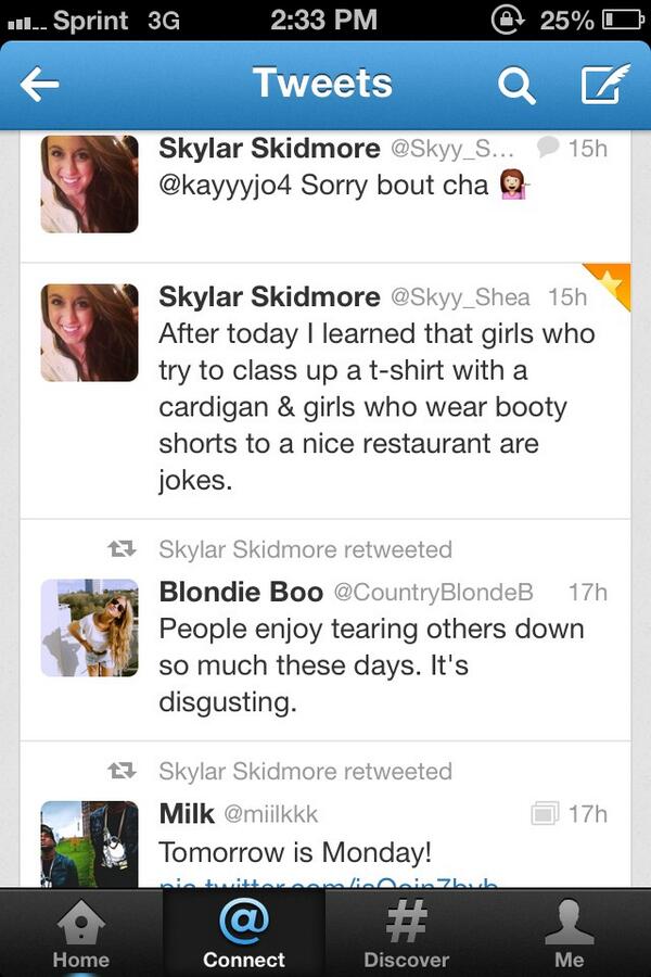 kandaceplott's tweet photo. @Skyy_Shea ironic that you retweeted something about tearing others down, and then made a tweet doing just that. Lol http://t.co/pnN0jX8BUW