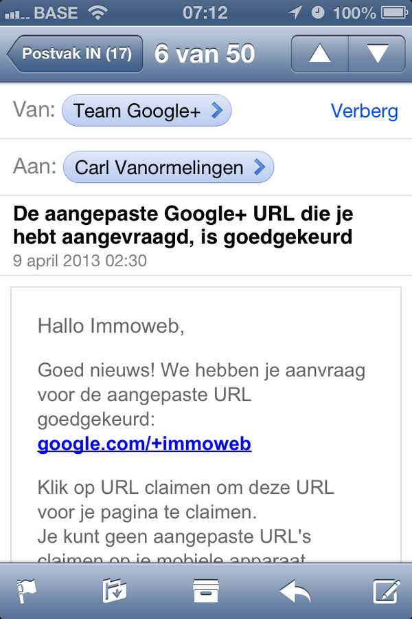 justsaycarl's tweet image. Leuke-mail! #Googleplus #vanityurl #immoweb