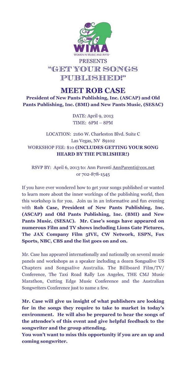 SONGWRITERS GET PUBLISHED: PITCH YOUR SONGS TO PUBLISHER ROB CASE wimafoundation.org/index.php/even…