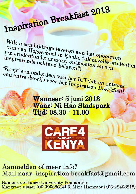 InsBreakfast's tweet image. RT! De flyer voor het Inspiration Breakfast 05-06-2013! Draag ook bij aan het opbouwen van een hogeschool in Kenia!