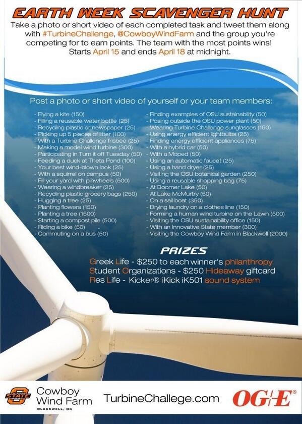 okstate's tweet photo. Check out this great #EarthWeek scavenger hunt! RT @cowboywindfarm: This is going on until April 18th at midnight. http://t.co/ccEqII2VuS