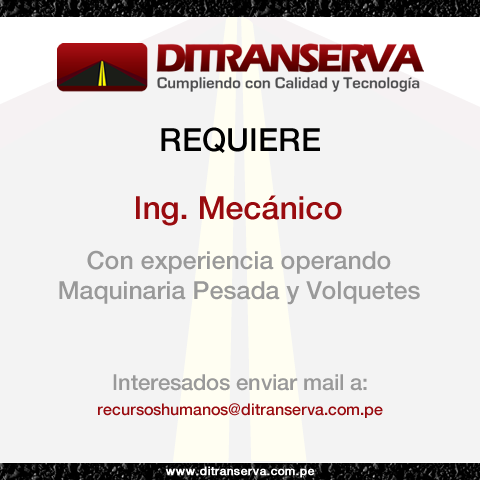 Ditranserva's tweet photo. SE REQUIERE: ING. MECÁNICO CON EXPERIENCIA OPERANDO MAQUINARIA PESADA Y VOLQUETES. http://t.co/vrmTrJm0eS